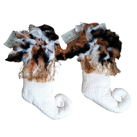 Stockings 2 Handcrafted Feathers Satin Curly Toes Fairy Boho Whimsical Christmas - Picture 3 of 7